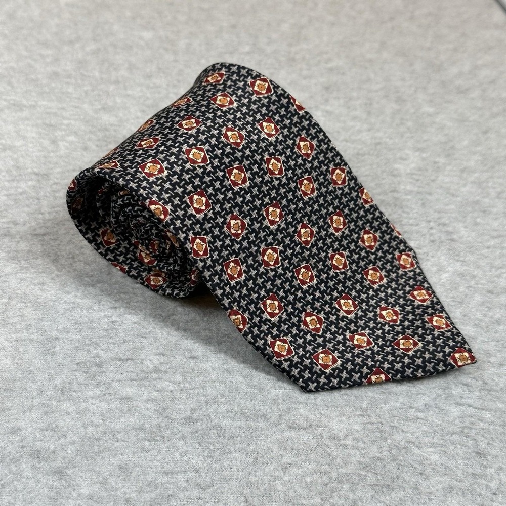 Vintage Chaps Ralph Lauren Mens Silk Tie Navy Abstract Pattern Emblem 57x3.75